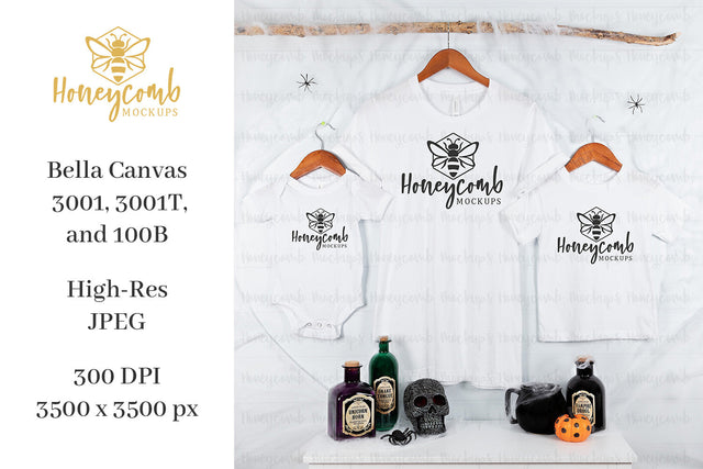 Halloween Mommy and Me Mockup, Bella Canvas 3001 White, 3001T White, 100B White, Matching Family Mockup, Kids Mockup, Halloween Mockup Mock Up Photo Honeycomb Mockups 