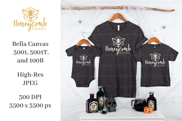 Halloween Mommy and Me Mockup, Bella Canvas Heather Dark Grey 3001, 3001T, and 100B, Matching Family Mockup, Kids Mockup, Halloween Mockup Mock Up Photo Honeycomb Mockups 