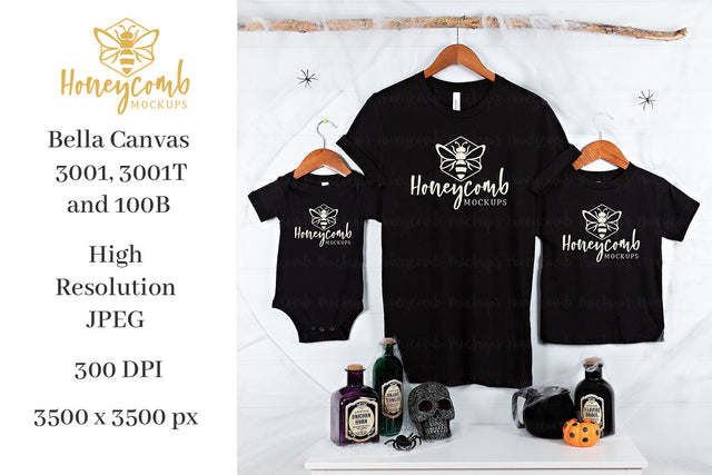 Halloween Mommy and Me Mockup, Black Bella Canvas 3001, 3001T, and 100B, Matching Family Mockup, Kids Mockup, Halloween Mockup Mock Up Photo Honeycomb Mockups 