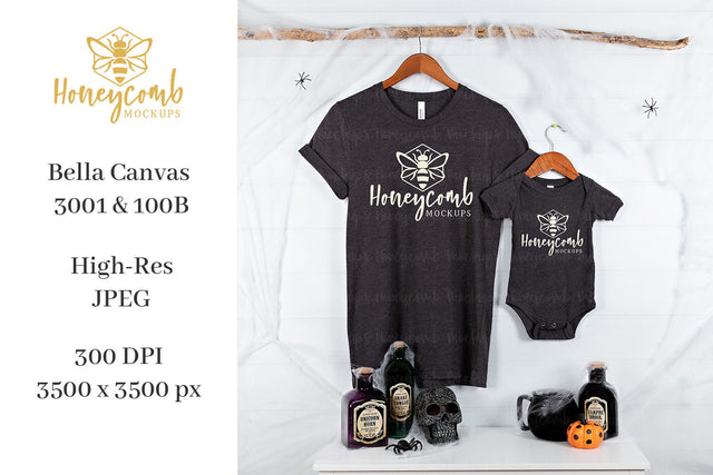 Halloween Mommy and Me Mockup, Mom and Baby Matching Mockup, Bella Canvas 3001 Heather Dark Grey, 100B Mockup, Baby Bodysuit Mockup, Halloween Mockup Mock Up Photo Honeycomb Mockups 
