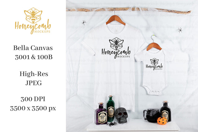 Halloween Mommy and Me Mockup, Mom and Baby Matching Mockup, White Bella Canvas 3001, 100B Mockup, Baby Bodysuit Mockup, Halloween Mockup Mock Up Photo Honeycomb Mockups 