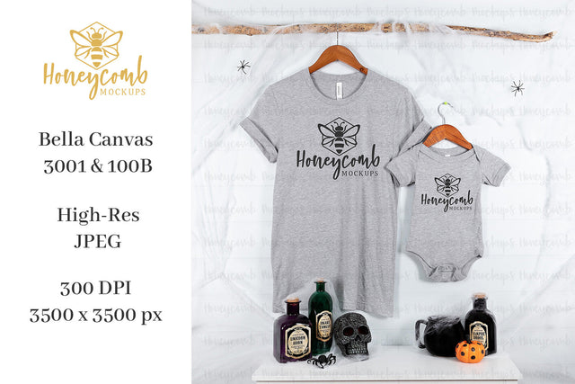 Halloween Mommy and Me Mockup, Mom and Baby Mockup, Bella Canvas 3001 Athletic Heather, 100B Athletic Heather, Baby Bodysuit Mockup, Halloween Mockup, Matching Mockup Mock Up Photo Honeycomb Mockups 