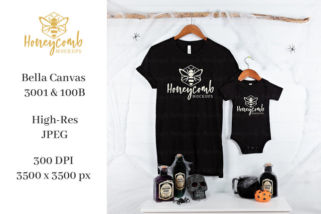 Halloween Mommy and Me Mockup, Mom and Baby Mockup, Bella Canvas 3001 Black, 100B Black, Baby Bodysuit Mockup, Matching Mockup, Halloween Mockup Mock Up Photo Honeycomb Mockups 