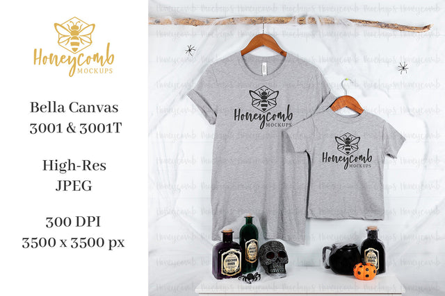 Halloween Mommy and Me Mockup, Mom and Toddler Matching Mockup, Bella Canvas 3001 Athletic Heather, 3001T Toddler Mockup, Halloween Mockup Mock Up Photo Honeycomb Mockups 