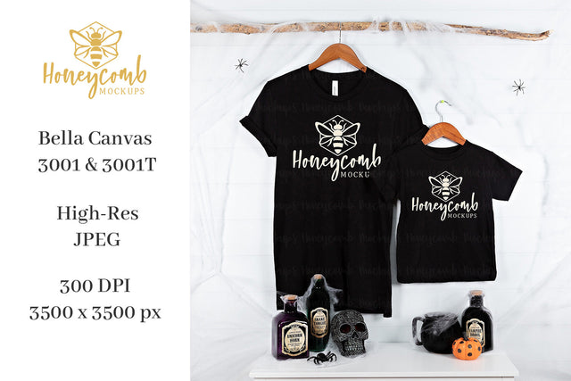 Halloween Mommy and Me Mockup, Mom and Toddler Matching Mockup, Bella Canvas 3001 Black, 3001T Black Toddler Mockup, Halloween Mockup Mock Up Photo Honeycomb Mockups 