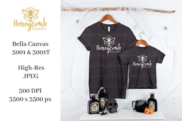 Halloween Mommy and Me Mockup, Mom and Toddler Matching Mockup, Bella Canvas 3001 Heather Dark Grey, 3001T Toddler Mockup, Halloween Mockup Mock Up Photo Honeycomb Mockups 