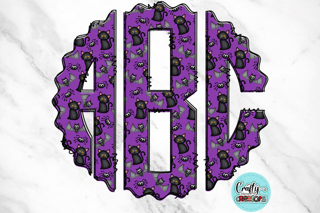 Halloween Monogram PNG, Purple Cat Alphabet Doodle Set Sublimation Crafty Mama Studios 