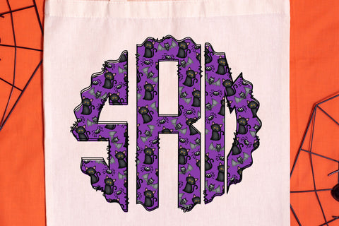 Halloween Monogram PNG, Purple Cat Alphabet Doodle Set Sublimation Crafty Mama Studios 