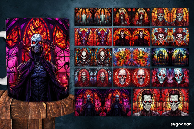 Halloween Monsters Mug Wrap | 11 Oz | Stained Glass Sublimation Sublimation SvgOcean 