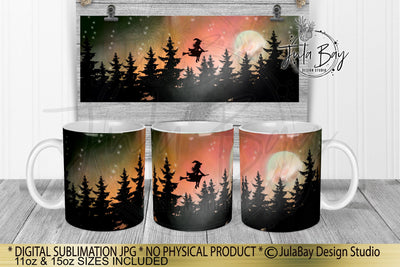 Halloween Mug Full Wrap Sublimation Design - Witch on Broomstick in Northern Lights Halloween Full Moon Night Sky 11oz and 15oz Sublimation Jula Bay Design Studio 