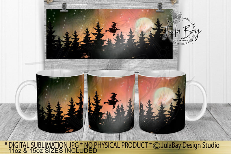 Halloween Mug Full Wrap Sublimation Design - Witch on Broomstick in Northern Lights Halloween Full Moon Night Sky 11oz and 15oz Sublimation Jula Bay Design Studio 