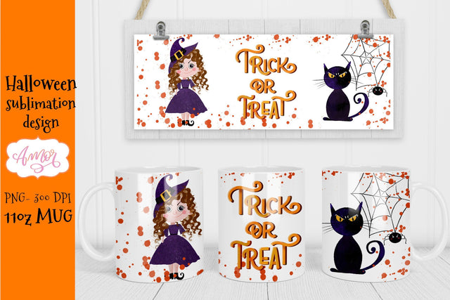 Halloween mug sublimation design, cat and witch png Sublimation Amorclipart 
