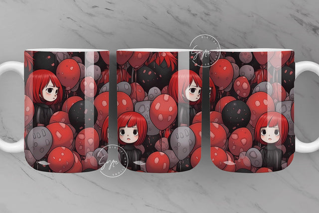 Halloween Mug Wrap, Girl Child with Balloons, Spooky, Horror Design, Creepy, Coffee Mug PNG, 11 & 15 Oz Mug Sublimation, Digital File Sublimation Syre Digital Creations 