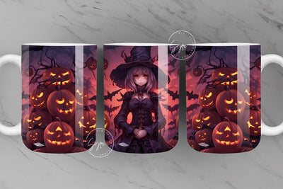 Halloween Mug Wrap, Manga Witch, Witch Hat, Pumpkin, Spooky, Horror, Bat, Creepy, Coffee Mug PNG, 11 & 15 Oz Mug Sublimation, Digital File Sublimation Syre Digital Creations 