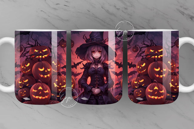 Halloween Mug Wrap, Manga Witch, Witch Hat, Pumpkin, Spooky, Horror, Bat, Creepy, Coffee Mug PNG, 11 & 15 Oz Mug Sublimation, Digital File Sublimation Syre Digital Creations 