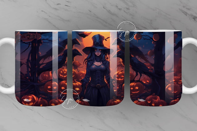 Halloween Mug Wrap, Witch, Witch Hat, Pumpkin, Spooky, Horror, Crow, Raven, Creepy, Coffee Mug PNG, 11 & 15 Oz Mug Sublimation, Digital File Sublimation Syre Digital Creations 