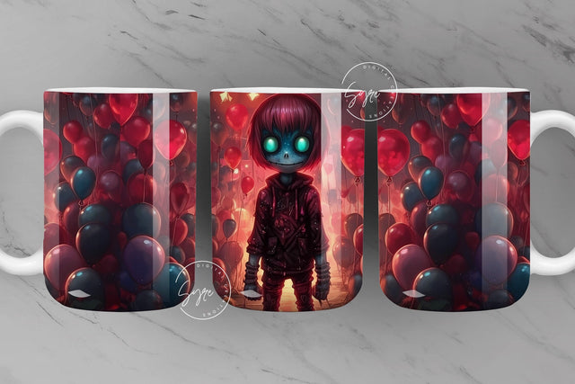 Halloween Mug Wrap, Zombie, Boy, Balloons, Spooky, Horror Design, Creepy, Coffee Mug PNG, 11 & 15 Oz Mug Sublimation, Digital Download Sublimation Syre Digital Creations 