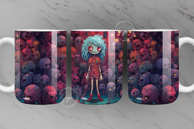 Halloween Mug Wrap, Zombie, Girl, Skulls, Spooky, Horror Design, Creepy, Coffee Mug PNG, 11 & 15 Oz Mug Sublimation, Digital Download Sublimation Syre Digital Creations 