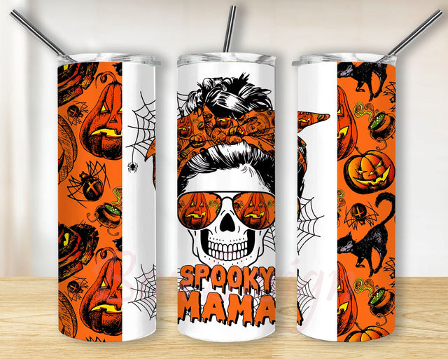 Halloween Pumpkin Spooky Mama Bun Hair 20oz Skinny Tumbler Sublimation Designs Tumbler for Straight Tapered PNG File Digital Download Sublimation BouDesign 