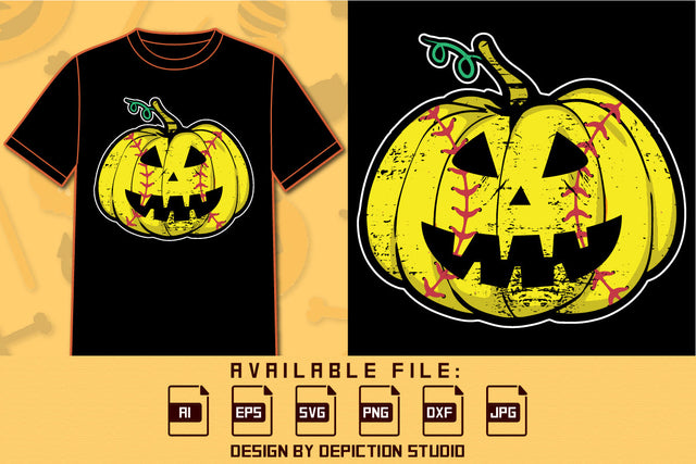 Halloween Pumpkin T Shirt, Softball Pumpkin Vector, Halloween Funny Baseball Pumpkin Face Shirt, Happy Halloween Softball Pumpkin Shirt Print Template SVG Depiction Studio 