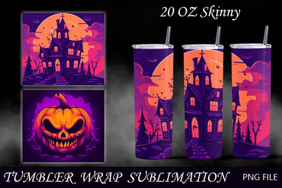 Halloween pumpkin tumbler wrap, Horror 20 oz tumbler, Haunted house Sublimation AnastasiyaArtDesign 