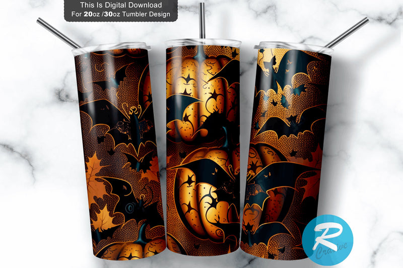 Halloween Pumpkins Bats Glitter 20 oz / 30 oz Tumbler PNG Sublimation Regulrcrative 