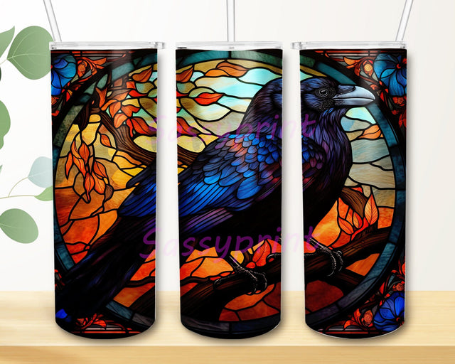 Halloween Raven 20oz Skinny Tumbler Png, Black Raven Tumbler, Watercolor Raven Tumbler, Stained Glass Halloween Raven Tumbler Wrap Png, Sublimation Design Sublimation sassyprint 