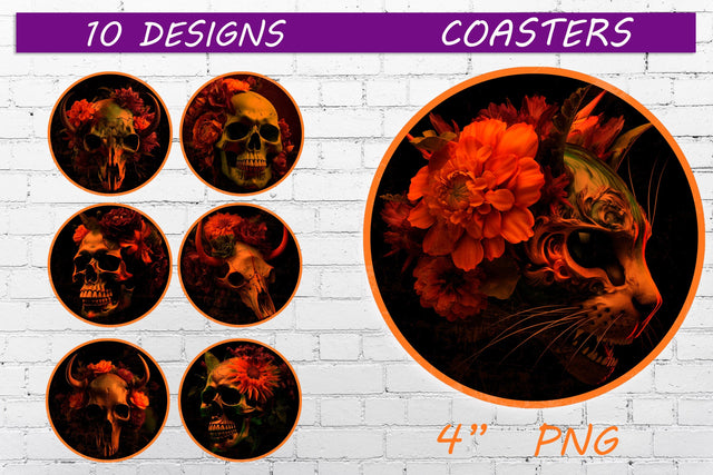 Halloween round coaster with flower skull, png sublimation design Sublimation AnastasiyaArtDesign 