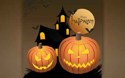 Halloween scary pumpkin Haunted house background. Spooky graveyard and haunted house at night cartoon illustration. Horror moon, bats, creepy pumpkin, and graves silhouettes backdrop. SVG naemmiah021 