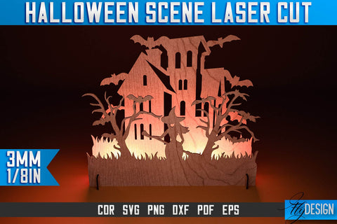 Halloween Scene Laser Cut SVG | Halloween Laser Cut SVG Design | CNC Files SVG Fly Design 