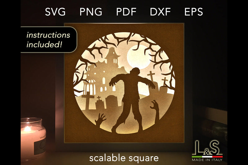 Halloween Shadow Box Template | Layered Zombie Svg 3D Paper Lights & Silhouettes 