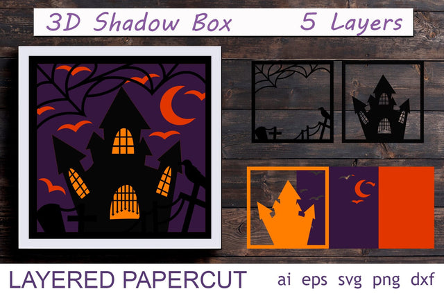 Halloween shadow box with haunted house svg, 3d layered papercut decor 3D Paper AnastasiyaArtDesign 