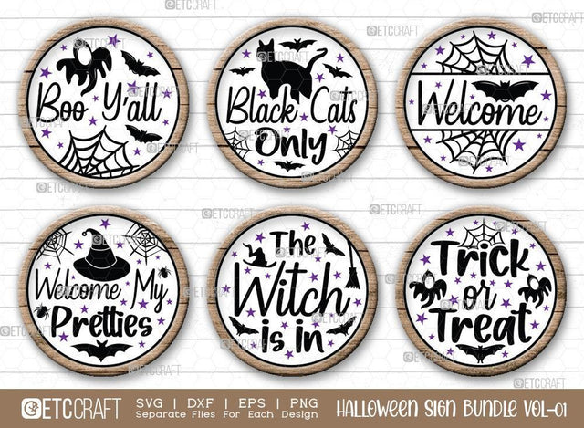 Halloween Sign Bundle Vol-01 | Boo Y'all Svg | Black Cats Only Svg | Welcome Svg | Welcome My Pretties Svg | The Witch Is In Svg | Trick Or Treat Sign | Halloween Svg | Halloween Wood Sign Design SVG ETC Craft 