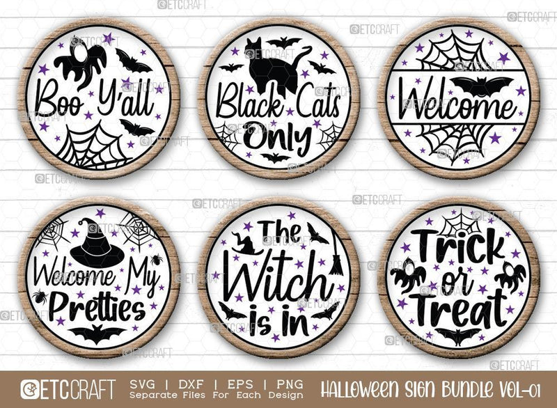 Halloween Sign Bundle Vol-01 | Boo Y'all Svg | Black Cats Only Svg | Welcome Svg | Welcome My Pretties Svg | The Witch Is In Svg | Trick Or Treat Sign | Halloween Svg | Halloween Wood Sign Design SVG ETC Craft 