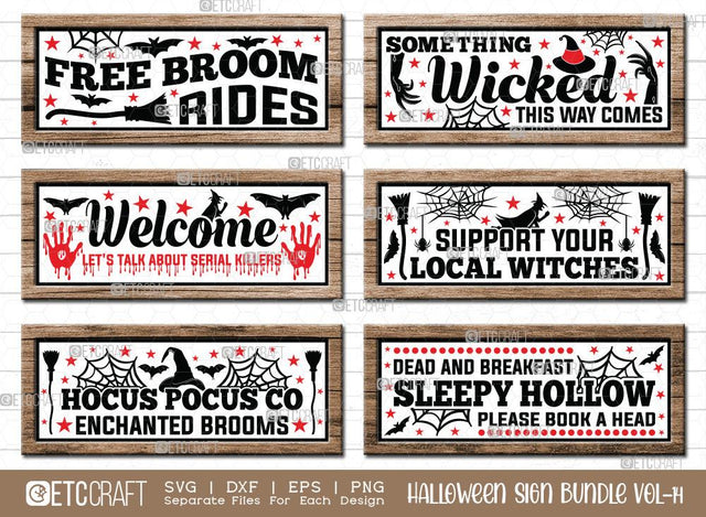 Halloween Sign Bundle Vol-14 | Free Broom Rides Svg | Something Wicked This Way Comes Svg | Welcome Let's Talk About Serial Killers Svg | Hocus Pocus Co Enchanted Broom Svg | Halloween Wood Sign Design SVG ETC Craft 