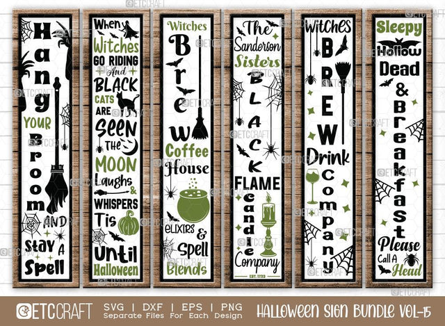 Halloween Sign Bundle Vol-15 | Dead And Breakfast Svg | Hang Your Broom and Stay A Spell Svg | Black Flame Candle Company Svg | When Witches Go Riding Svg | Witches Brew Coffee House Svg | Halloween Wood Sign Design SVG ETC Craft 