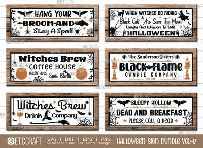 Halloween Sign Bundle Vol-17 | Dead And Breakfast Svg | Hang Your Broom and Stay A Spell Svg | Black Flame Candle Company Svg | When Witches Go Riding Svg | Witches Brew Coffee House Svg | Halloween Wood Sign Design SVG ETC Craft 