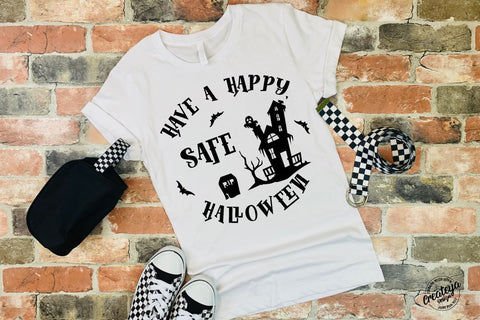 Halloween sign SVG, Have a Happy Safe Halloween farmhouse round sign SVG with Halloween haunted house and ghost SVG Createya Design 