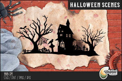 Halloween Silhouette Design | Spooky Halloween Scene SVG | Paper Cut SVG Evgenyia Guschina 