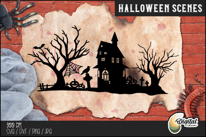 Halloween Silhouette Design | Spooky Halloween Scene SVG | Paper Cut SVG Evgenyia Guschina 
