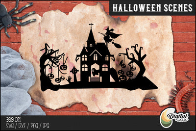 Halloween Silhouette Design | Spooky Halloween Scene SVG | Paper Cut SVG Evgenyia Guschina 