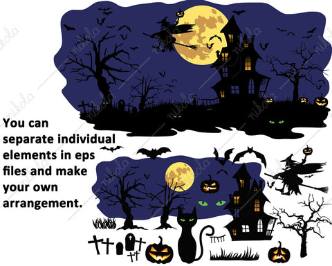 Halloween Silhouette Haunted House Graveyard, Witch Cut File Clipart Cricut SVG EPS JPG PNG DXF SVG nikola 