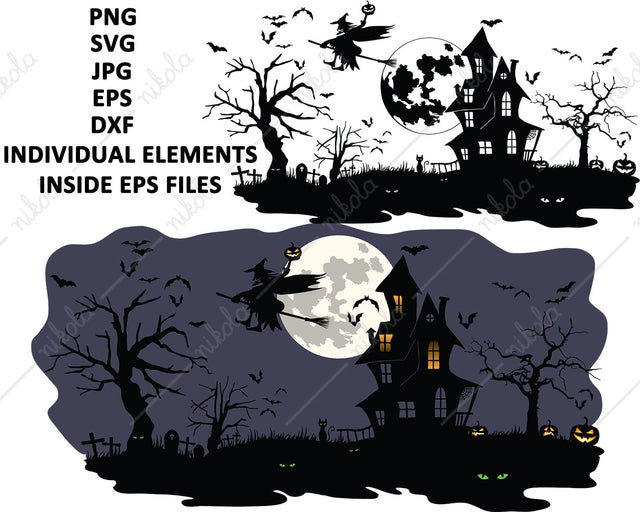 Halloween Silhouette Haunted House Graveyard, Witch Cut File Clipart Cricut SVG EPS JPG PNG DXF SVG nikola 