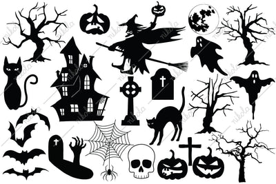 Halloween Silhouette Set Cut File, Clipart, Bundle, Haunted House, Witch on Broom, Tombstone, Cat, Bats, Dead Tree, SVG,PNG, EPS, dxf SVG nikola 