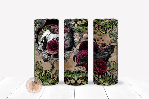 Halloween Skinny Tumbler Wrap Skulls And Flowers Sublimation Sublimation OrangeBrushStudio 