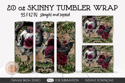 Halloween Skinny Tumbler Wrap Skulls And Flowers Sublimation Sublimation OrangeBrushStudio 