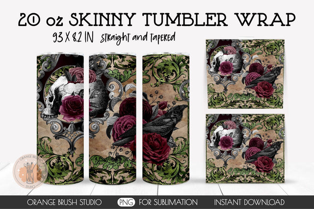 Halloween Skinny Tumbler Wrap Skulls And Flowers Sublimation Sublimation OrangeBrushStudio 