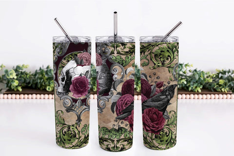 Halloween Skinny Tumbler Wrap Skulls And Flowers Sublimation Sublimation OrangeBrushStudio 