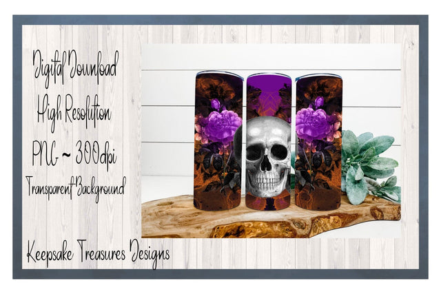 Halloween Skull 20oz Straight Tumbler Wrap, Orange and Purple, Sublimation PNG, Digital Download, Sublimation Keepsake Treasures Designs LLC. 