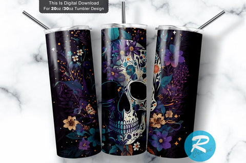 Halloween Skull Floral Purple 20 oz / 30 oz Tumbler PNG Sublimation Regulrcrative 